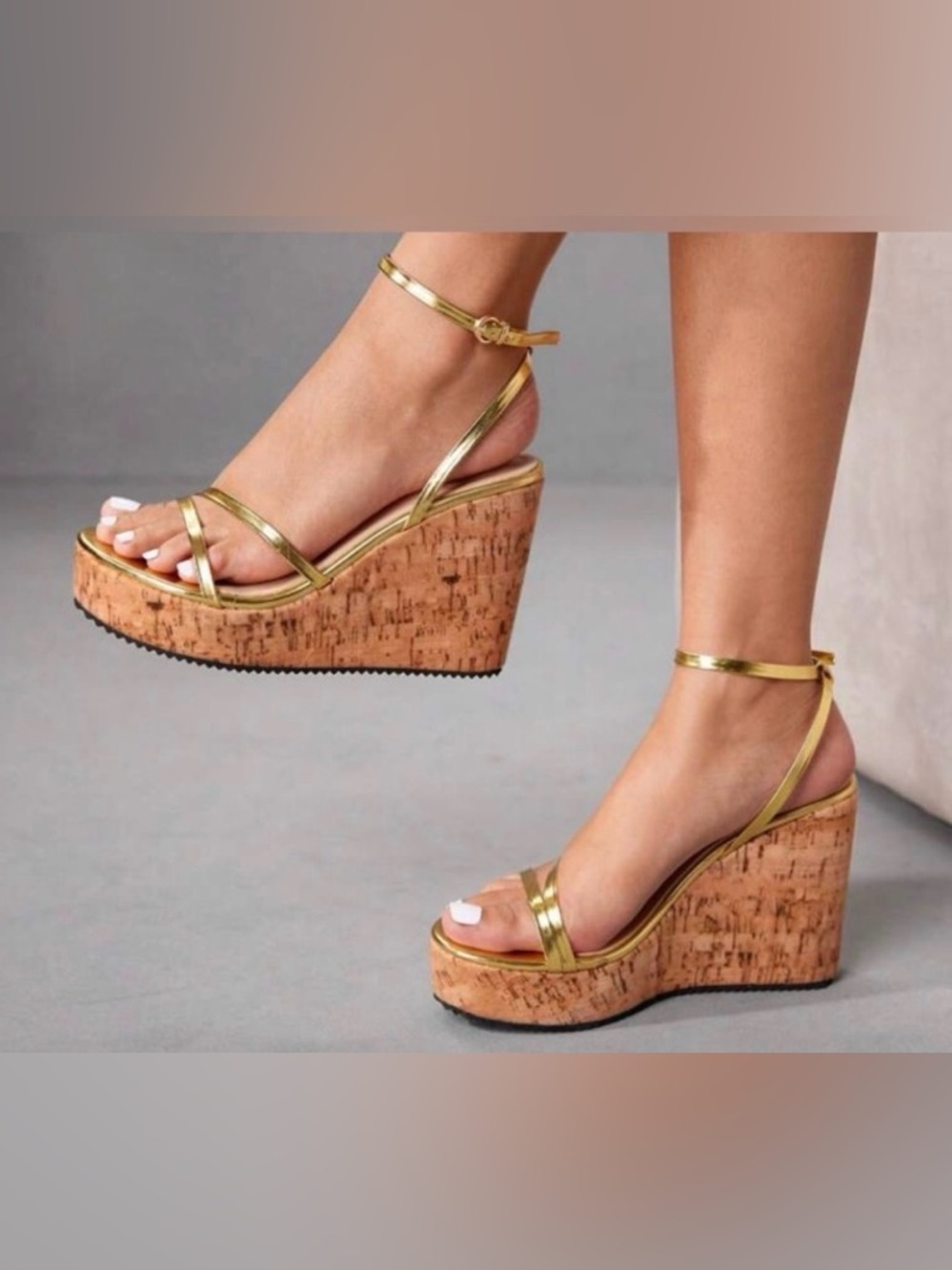 Gold Strappy Cork Wedge Heels, Sandals | 6.5 | New | 4.3” Heel, 1” Platform - Picture 5 of 8